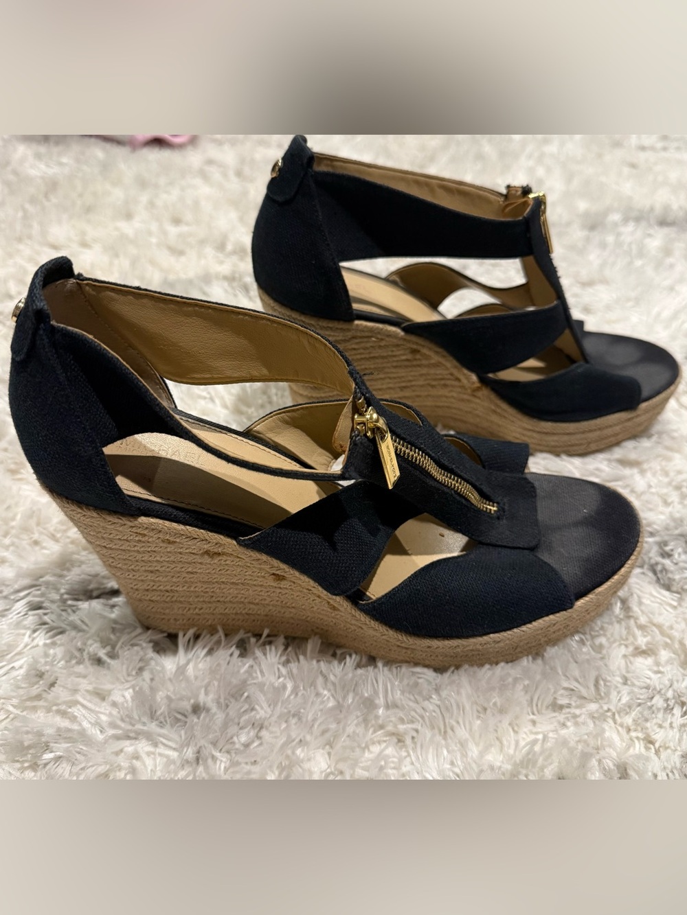 Michael Kors Black Canvas Wedge Sandals with Gold Zip Accent